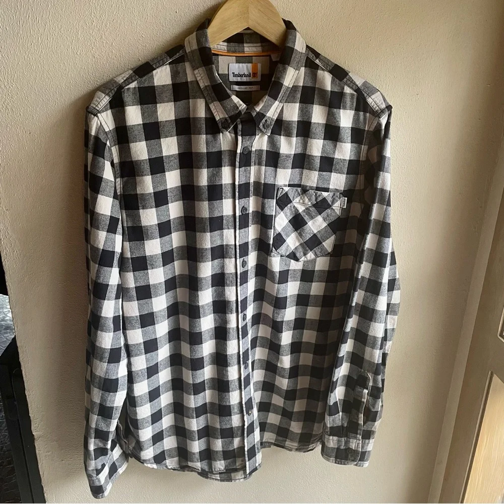 Timberland Flannel/ Chambray Buffalo Check Button-down Shirt. Cream/ Black XL